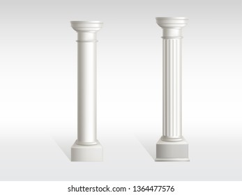 Columnas cilíndricas de mármol blanco con superficies de pilar lisas y texturadas realistas, aisladas sobre fondo blanco con sombra. Arquitectura antigua, elemento de diseño exterior del edificio histórico