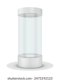 Cylindrical empty glass showcase for exhibition isolated on white background. Vector illustration