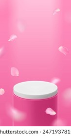 Cylindrical empty stage for product presentation on pink background with rose petals. Vector realistic banner template in romantic style for Valentine Day or International Women Day.