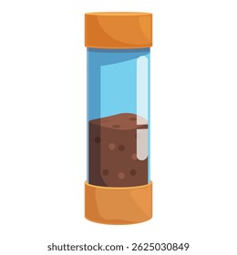 Tubo de vidro cilíndrico com cápsulas cor de laranja contendo uma amostra de solo castanho, potencialmente para análise científica
