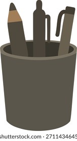 Soporte cilíndrico lleno de bolígrafos y herramientas para el trabajo diario de escritorio.
