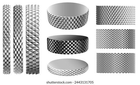 Cylindrical knurling diamond pattern. Precision metalwork metal grip texture, tooling vector background