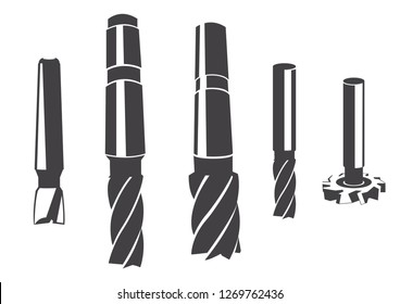 Cylindrical milling cutter for various types of milling. Set of vector icons