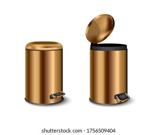 Cylindrical Office Trash Can Gold Color. Garbage Containers With Pedal And Swivel Top. Metal Bucket With A Lid.