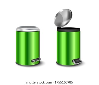 cylindrical office trash can green color.  garbage containers with pedal and swivel top. Metal bucket with a lid.
