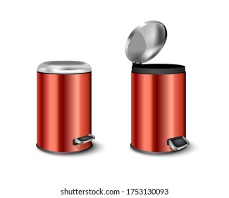 cylindrical office trash can red color.  garbage containers with pedal and swivel top. Metal bucket with a lid.