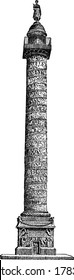 A cylindrical pillar with a status on its top is the starting point of Rue de la Paix, vintage line drawing or engraving illustration.