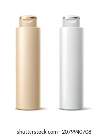 Cylindrical Plastic Bottle Mockup. Realistic Blank Template Of Cosmetic Package