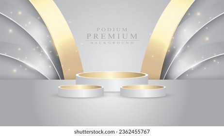 Cylindrical platform for displaying products It has a gold and silver metallic background, looks elegant and modern.