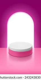 Plataforma cilíndrica para presentación de producto o producto contra pared rosa con ventana en forma de arco. Plantilla de banner realista vectorial. Ilustración 3d vertical minimalista. 