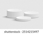 Cylindrical podium of different sizes, round podium, stage. Vector 3D podium isolated on transparent background