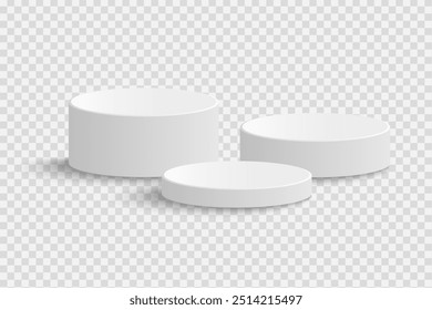 Cylindrical podium of different sizes, round podium, stage. Vector 3D podium isolated on transparent background