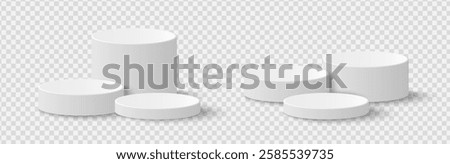 Cylindrical podium of different sizes, round podium, stage. Vector 3D podiums isolated on transparent background