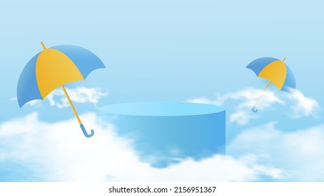 Cylindrical podium for displaying products during the rainy season  Design and realistic clouds   colorful umbrellas  Vector illustration 