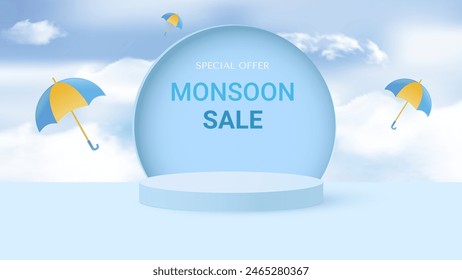 Cylindrical podium for displaying products during the rainy season. Design with realistic clouds and colorful umbrellas. Place for text. Vector illustration.