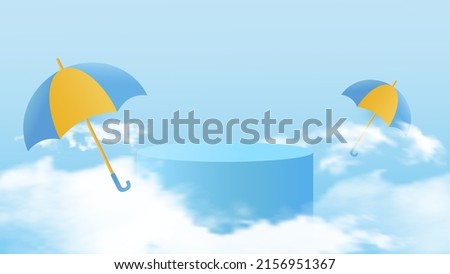 Cylindrical podium for displaying products during the rainy season. Design with realistic clouds and colorful umbrellas. Vector illustration.