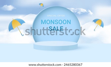 Cylindrical podium for displaying products during the rainy season. Design with realistic clouds and colorful umbrellas. Place for text. Vector illustration.