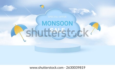 Cylindrical podium for displaying products during the rainy season. Design with realistic clouds and colorful umbrellas. Place for text. Vector