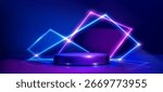 Cylindrical podium for game product display with neon geometric frames glowing blue and purple on dark background. Futuristic illuminated stage - showcase environment for digital items or award