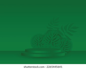 Podio cilíndrico sobre un fondo verde. Escena verde minimalista con formas geométricas y hojas de palma. Fase 3D para mostrar un producto