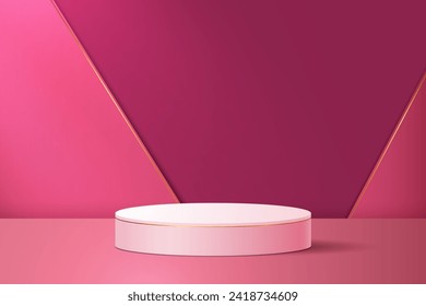 Cylindrical podium on a red background with red lines. Vector illustration.