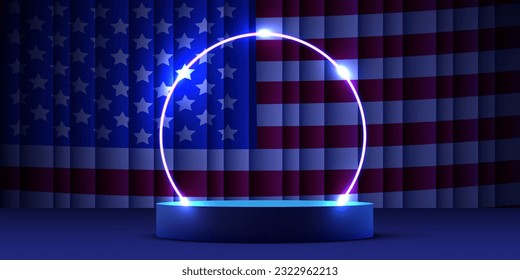 Cylindrical podium on USA flag background. Independence day banner. Vector illustration