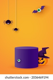 A cylindrical podium or plinth on a minimum stage area. Mockup studio for product presentation, branding design. Halloween background. Vector illustration.