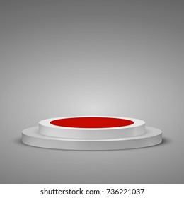 Cylindrical podium with red carpet. Stage Podium Scene with a step. Vector illustration