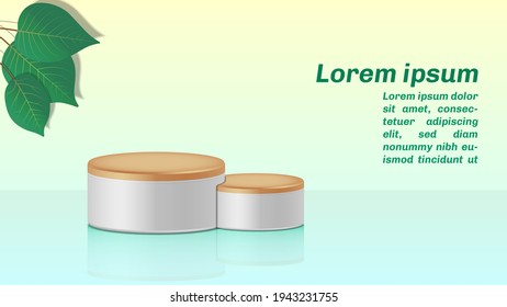 Cylindrical podium. Scene with two geometric shapes in the shape of a cylinder and leaves in the corner. Pedestal for presentation. 3D vector illustration.