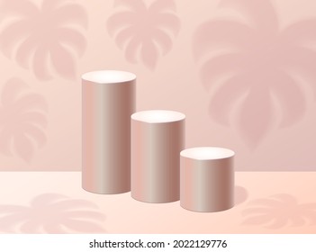 Cylindrical podium. Three pedestals in height. A stage for placing awards, items, cosmetics or other. Peach color background. Mock up for your design. 3D visualization. Leaf shadow