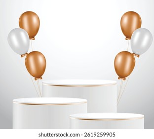 Cylindrical podiums are arranged at different heights, decorated with gold and white balloons on the sides. The design is sleek and elegant, making it perfect for product displays.