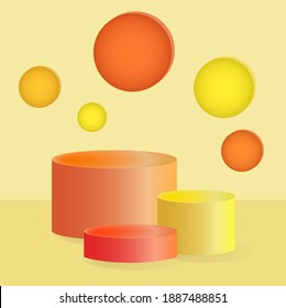 Cylindrical podiums for product placement and frame. Volumetric figures, composition in the style of minimalism, yellow and orange tones. Vector