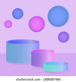 Cylindrical podiums for product placement and frame. Volumetric figures, composition in the style of minimalism, lilac tones. Vector