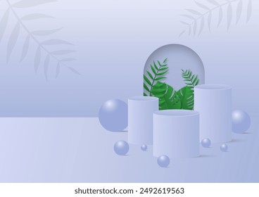 Cylindrical product display stand placed to the right of the ball. A blue-purple gradient wall with leaf shadows. The inner compartment has green leaves. On the left side there is space.