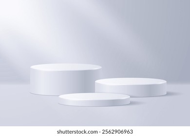 Cylindrical round podiums of different sizes isolated on light background. Vector 3d illustration.