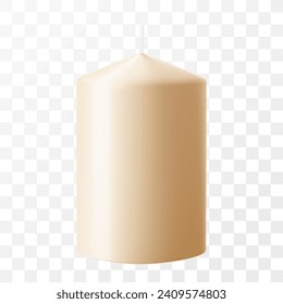 Cylindrical scented white wax candle for relaxation isolated on transparent background. Decor element. Realistic 3D vector illustration