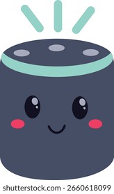 Altavoz asistente inteligente cilíndrico con cara linda e icono de señal, perfecto para temas de tecnología y domótica.