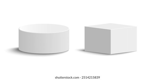 Podios 3D mate blanco cilíndrico y cuadrado. Vector Formas geométricas aisladas sobre fondo blanco.