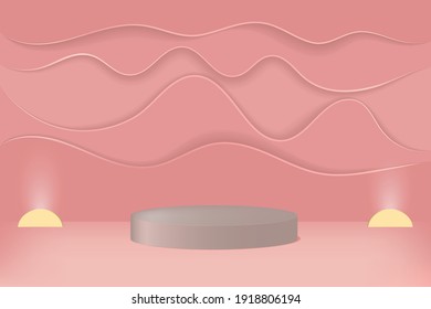 Cylindrical stage (platform) for the presentation of products, goods and cosmetics. The podium is located in the center of the room. The room is decorated in a pink style and is lit by lamps.
