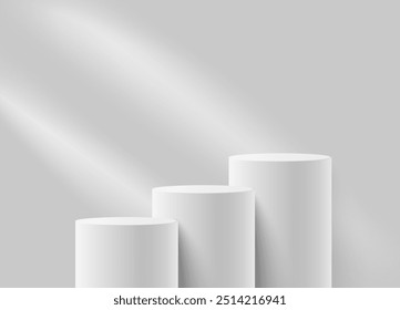Zylindrische weiße matte Podien. Hintergrund mit Lichtstrahlen zur Demonstration des Produkts.