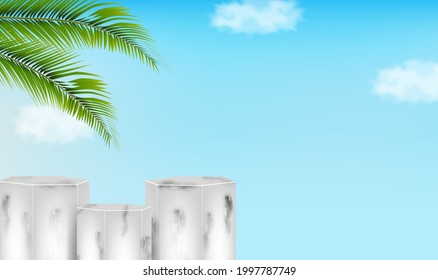 Parodia cilíndrica de podio blanco y fondo del cielo. presentación de producto, podio, escenario, pedestal o plataforma. 
