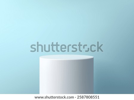 Cylindrical white podium on light blue background, round podium, stage. 3d abstract minimal pedestal for product display.