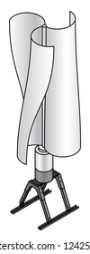 A cylindrical wind turbine generator on a roof-mount frame.