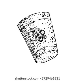 Rolha de garrafa de vinho cilíndrica com uma ilustração de cacho de uvas estilizado, representando bebidas, viticultura e ocasiões comemorativas em um estilo desenhado à mão