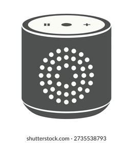 Cylindrical wireless smart speaker icon depicts a compact home audio device featuring a circular perforated grille design and simple top panel controls for volume and playback functions.
