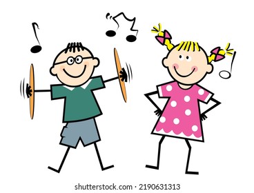 Cymbal playing and dancing, school children, boy and girl, at background music notes