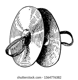 Cymbals are clashed together producing various effects, vintage line drawing or engraving illustration.