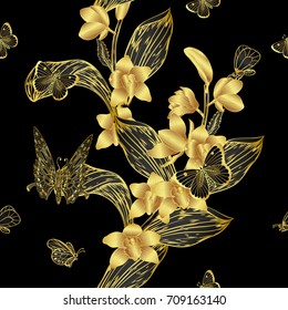 Cymbidium orchids and butterfly pattern by hand drawing.Gold flower vector on black background.Gold orchids seamless for wallpaper or batik cloth.