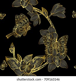 Cymbidium orchids and butterfly pattern by hand drawing.Gold flower vector on black background.Gold orchids seamless for wallpaper or batik cloth.