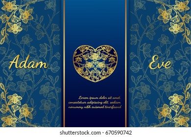 Cymbidium orchids card by hand drawing.Flower wedding card on blue background.Set of gold orchids vector. 